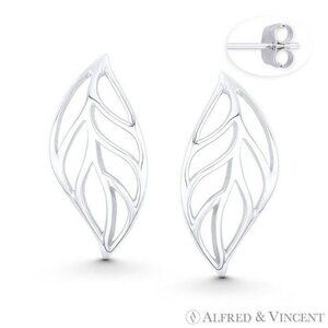 Polished Open-Design Leaf Charm Drop Earrings w/ Pushback in 925 Sterling Silver